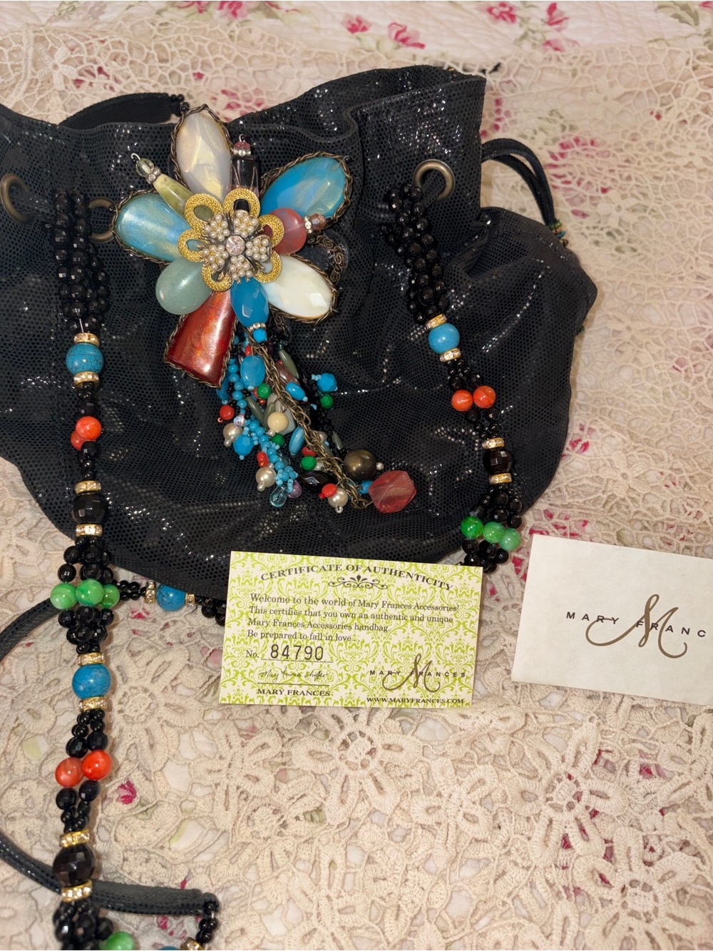 Mary Frances Boho Beaded Flower Drawstring Bucket Bag Purse - Authentic
